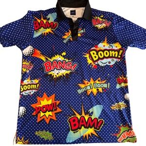 ReadyGOLF Mens Comic Book Boom Bang Pow Polka Dot‎ Golf Polo Shirt Blue XL